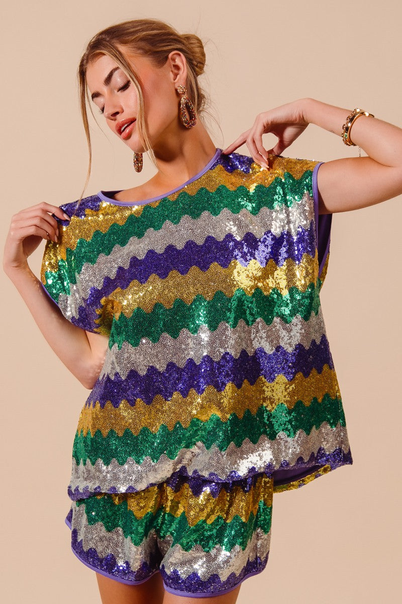 MARDI GRAS WAVY SEQUINS DOLMAN TOP