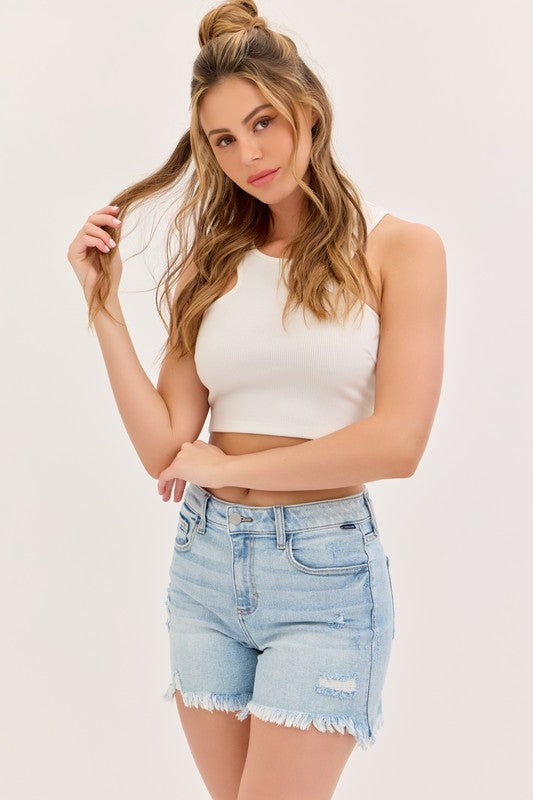 Boyfriend Frayed Hem Light Wash Denim Shorts