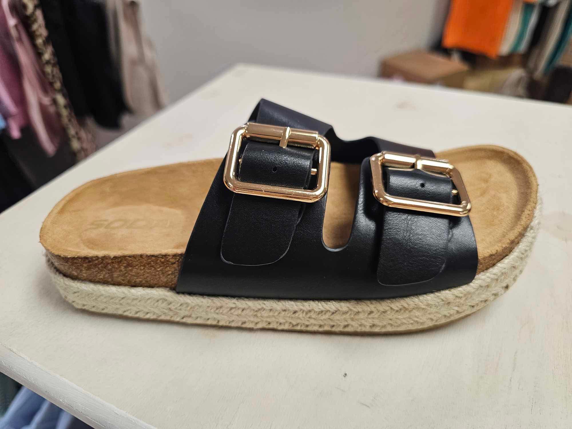 Marfa- Black 2 strap sandal with gold accents