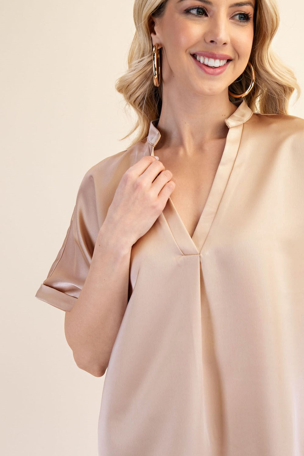 V-Neck Placket Cuffs Sleeve Top