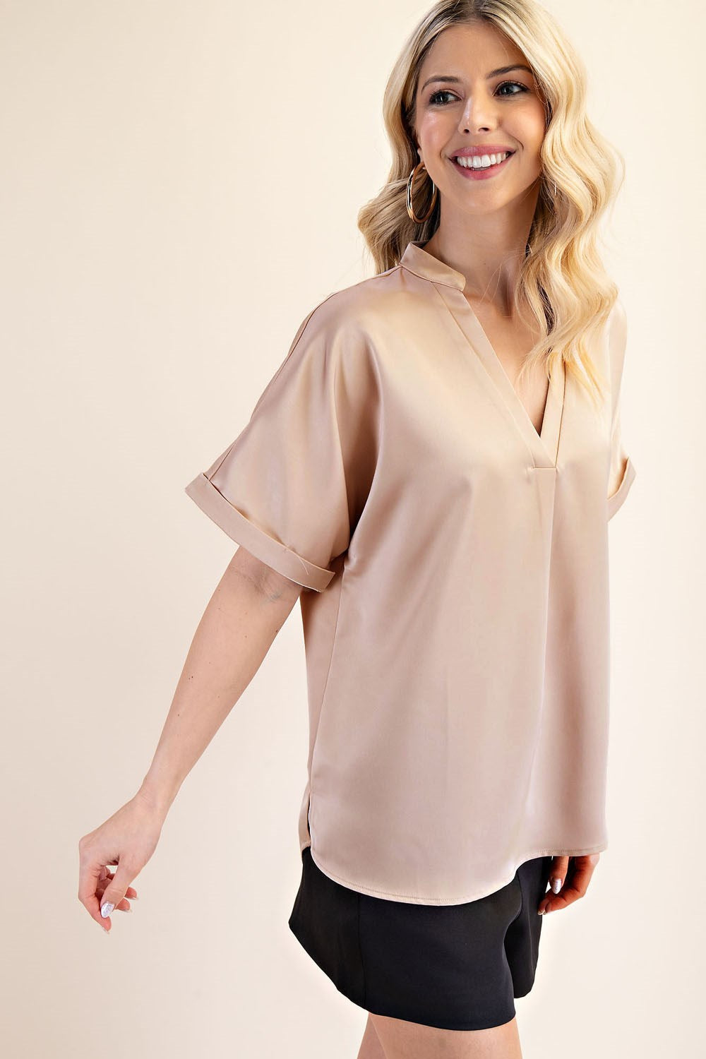 V-Neck Placket Cuffs Sleeve Top