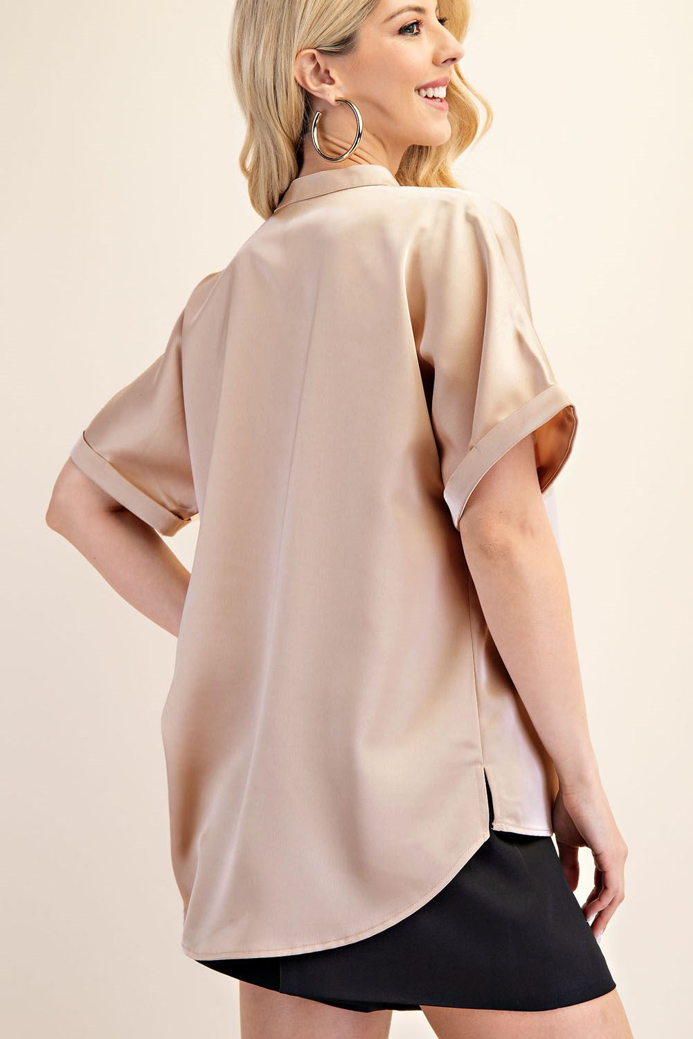 V-Neck Placket Cuffs Sleeve Top