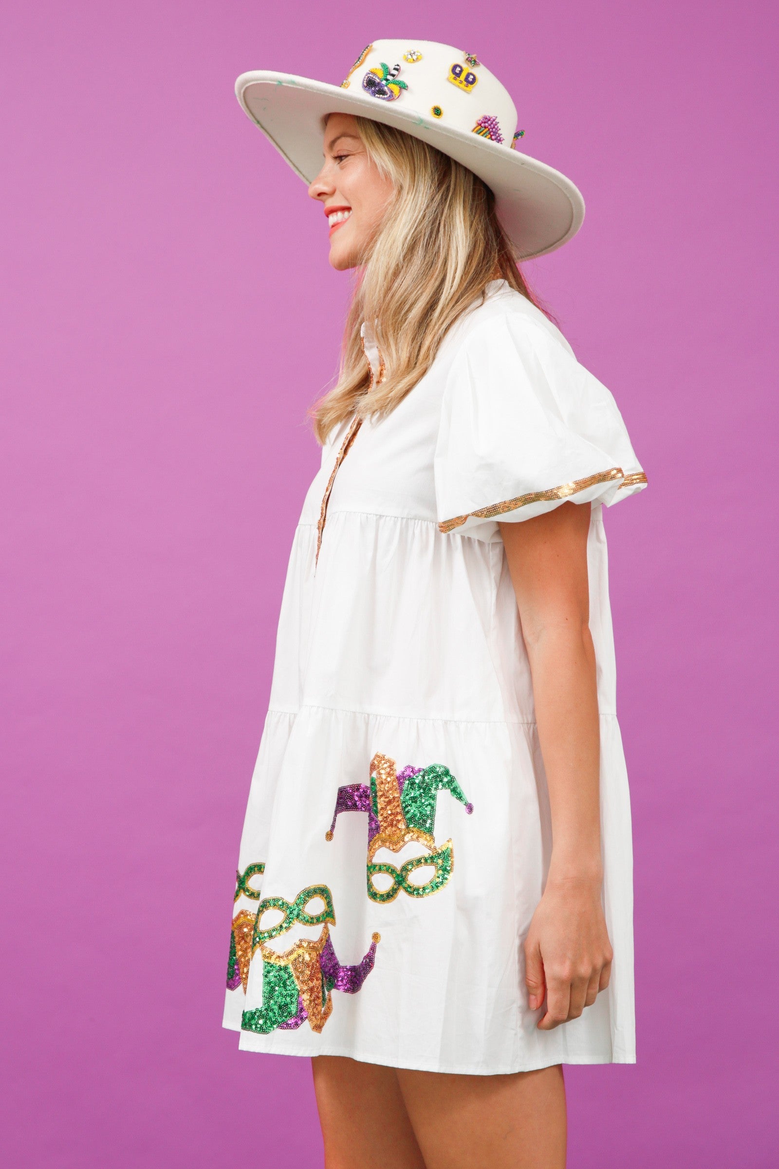 Sequin Mardi Gras Mask Poplin Shirt Dress