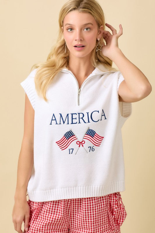 Half Zip American Flag Sleeveless Sweater Top