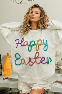 “Happy Easter” Metallic Tinsel Sweater