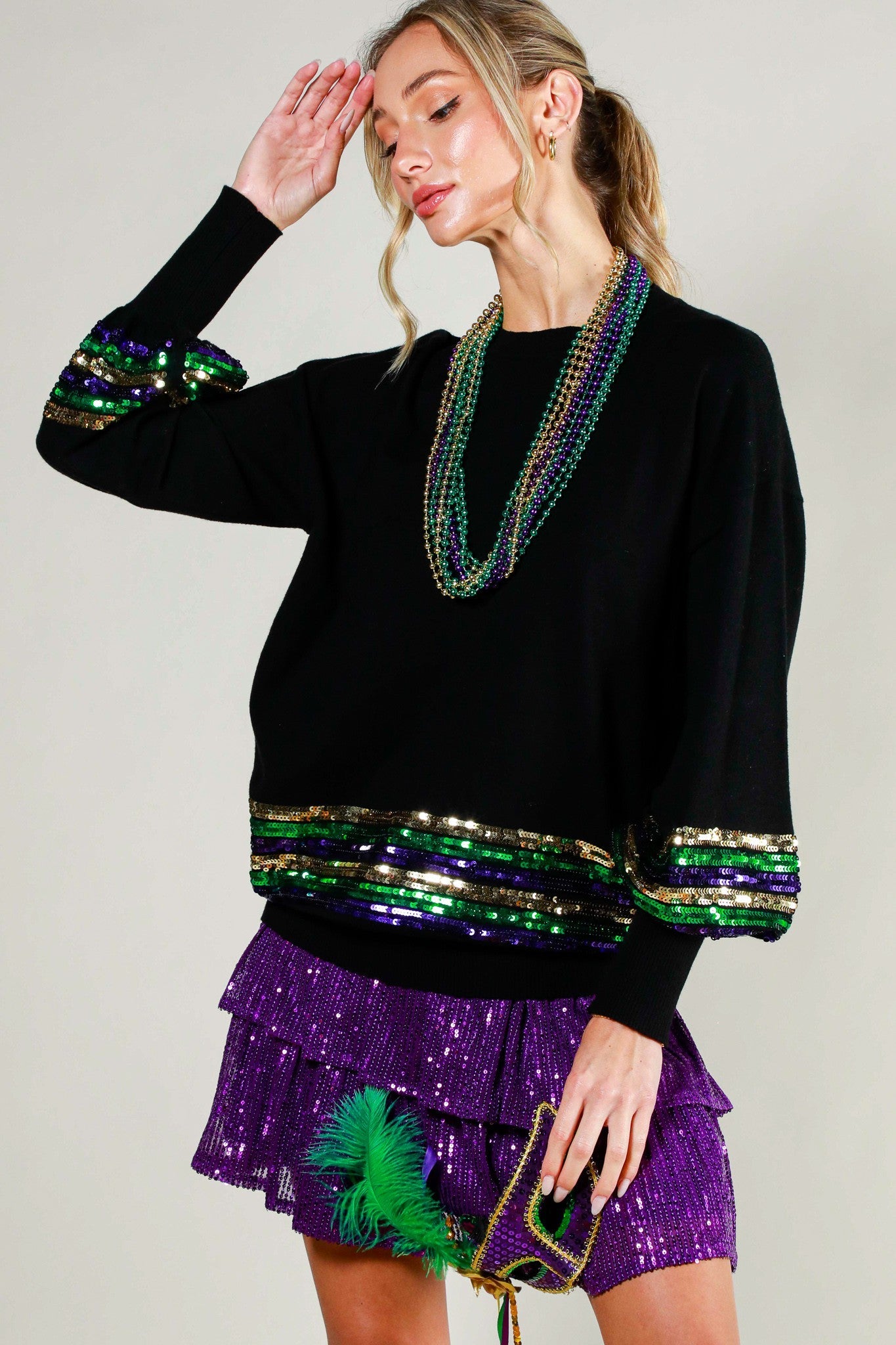 SEQUIN TRIM DETAIL MARDI GRAS SWEATER TOP