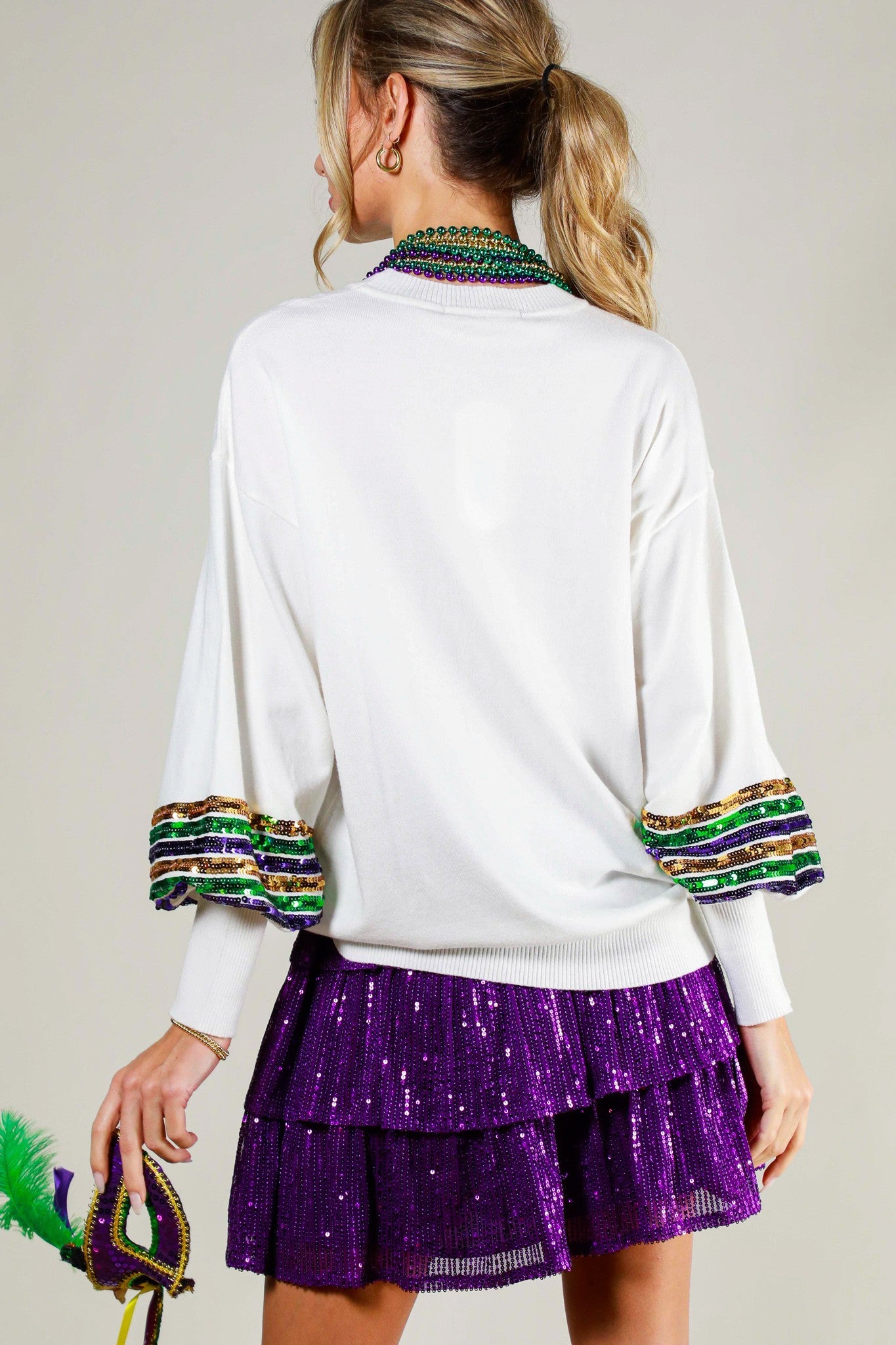 SEQUIN TRIM DETAIL MARDI GRAS SWEATER TOP