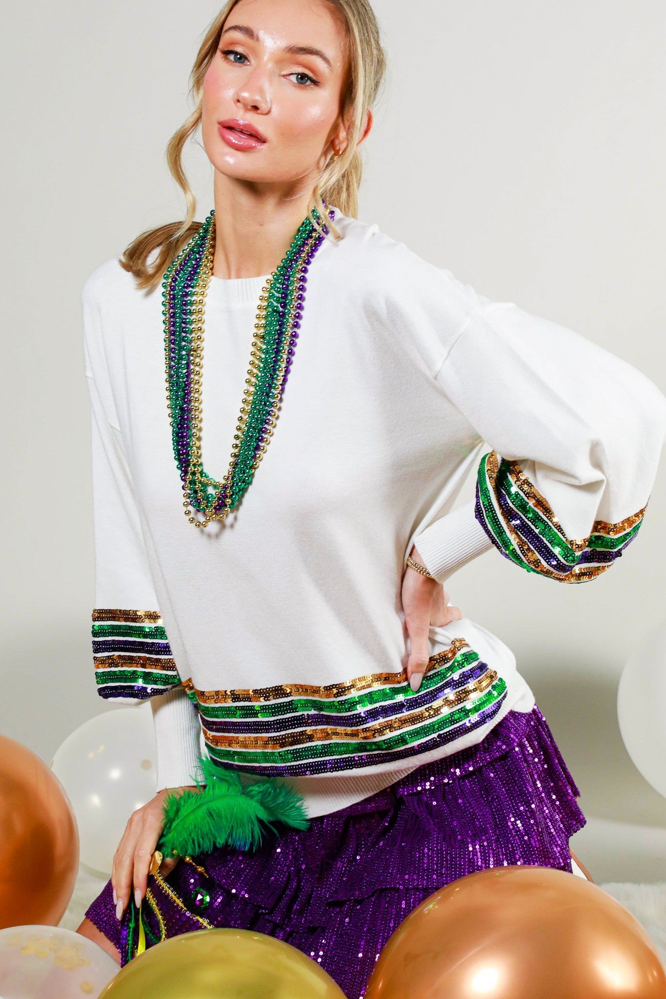 SEQUIN TRIM DETAIL MARDI GRAS SWEATER TOP
