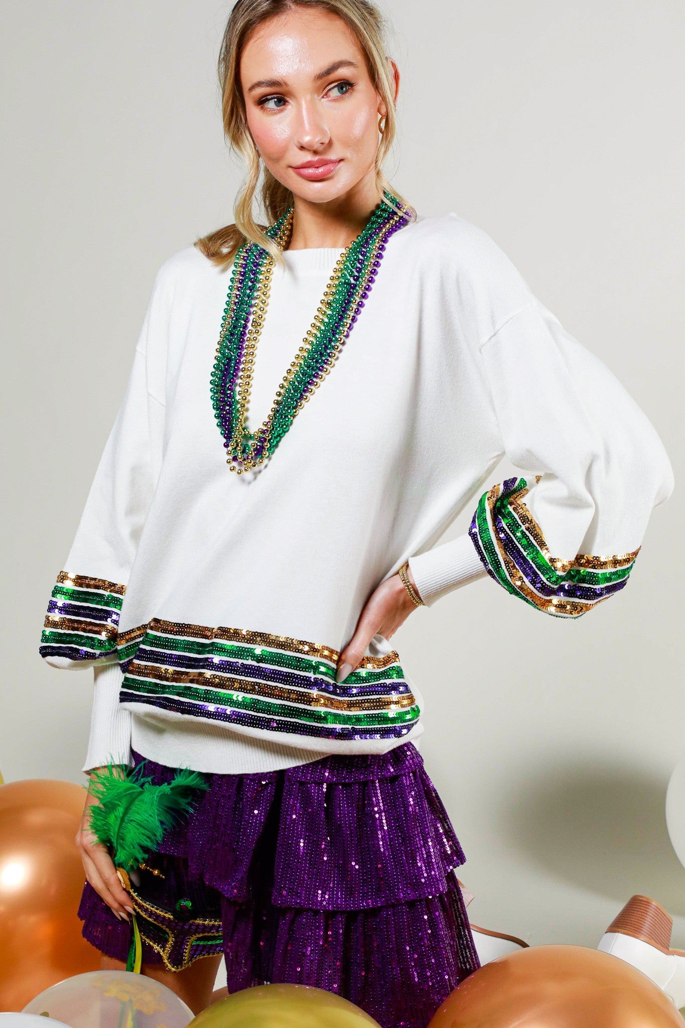 SEQUIN TRIM DETAIL MARDI GRAS SWEATER TOP