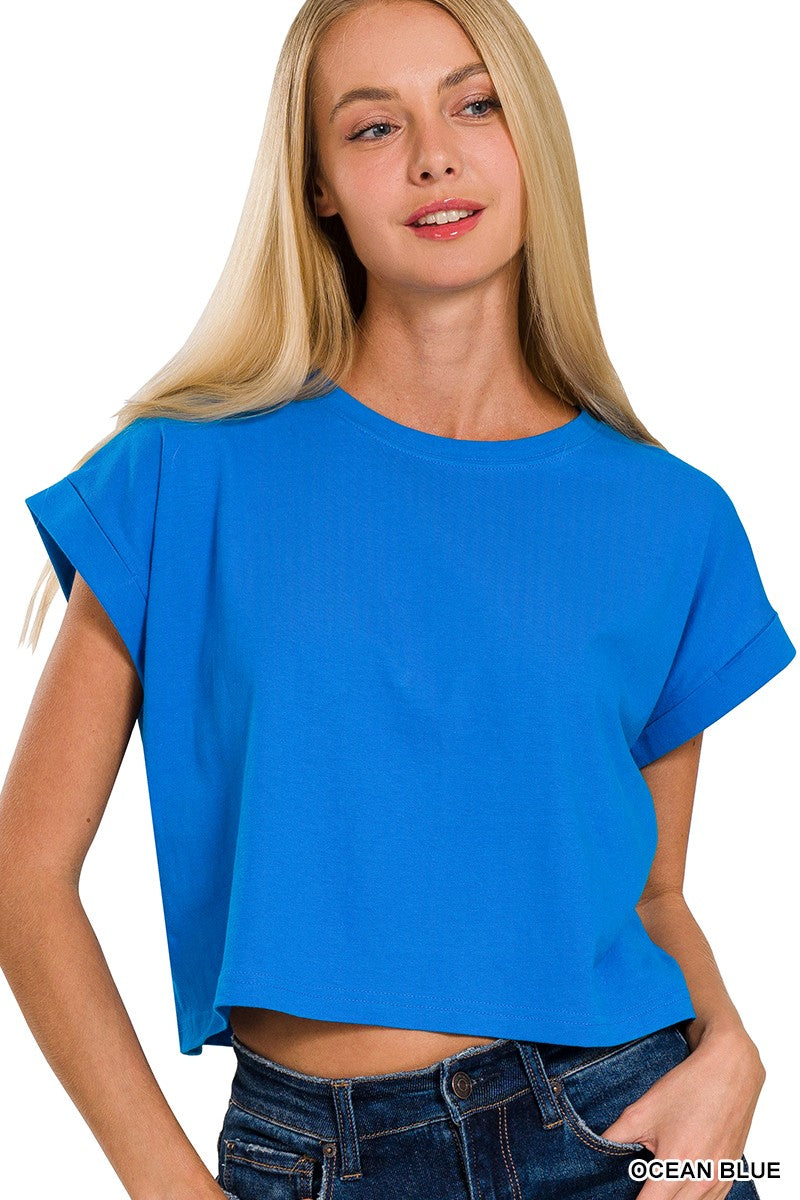 COTTON CROP- FOLDED SLEEVE TOP