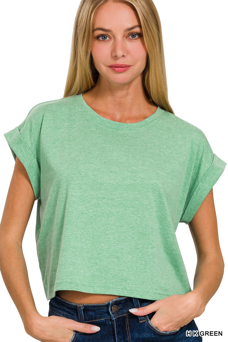 COTTON CROP- FOLDED SLEEVE TOP