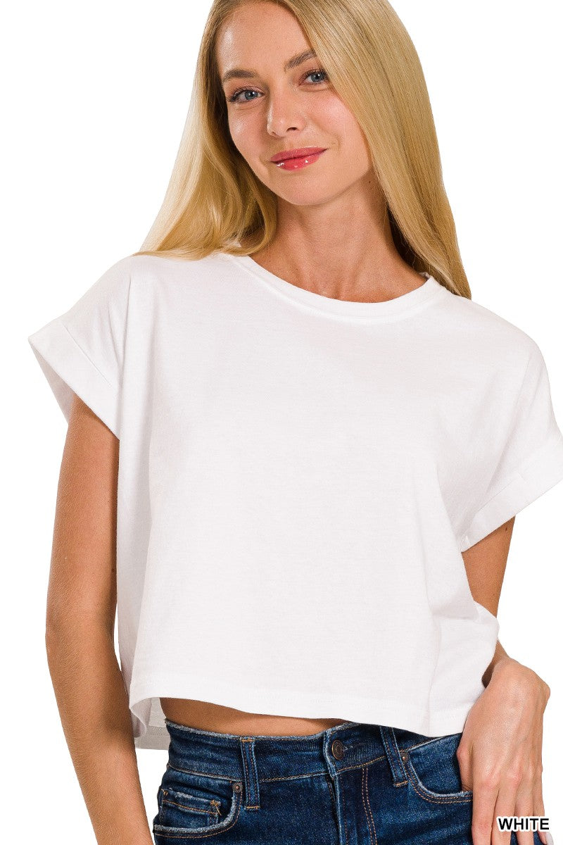 COTTON CROP- FOLDED SLEEVE TOP
