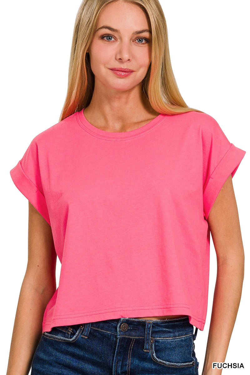 COTTON CROP- FOLDED SLEEVE TOP
