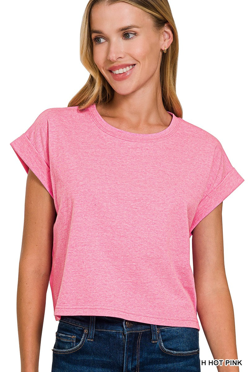 COTTON CROP- FOLDED SLEEVE TOP