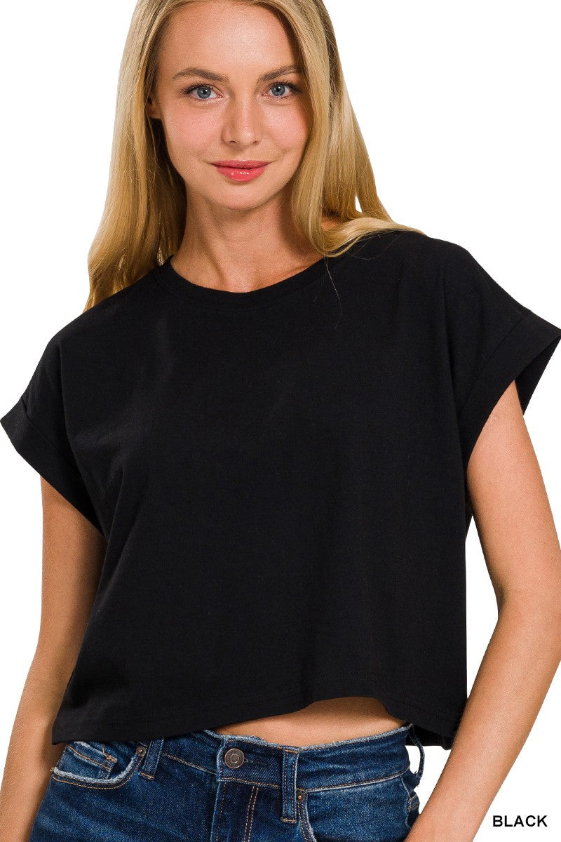 COTTON CROP- FOLDED SLEEVE TOP