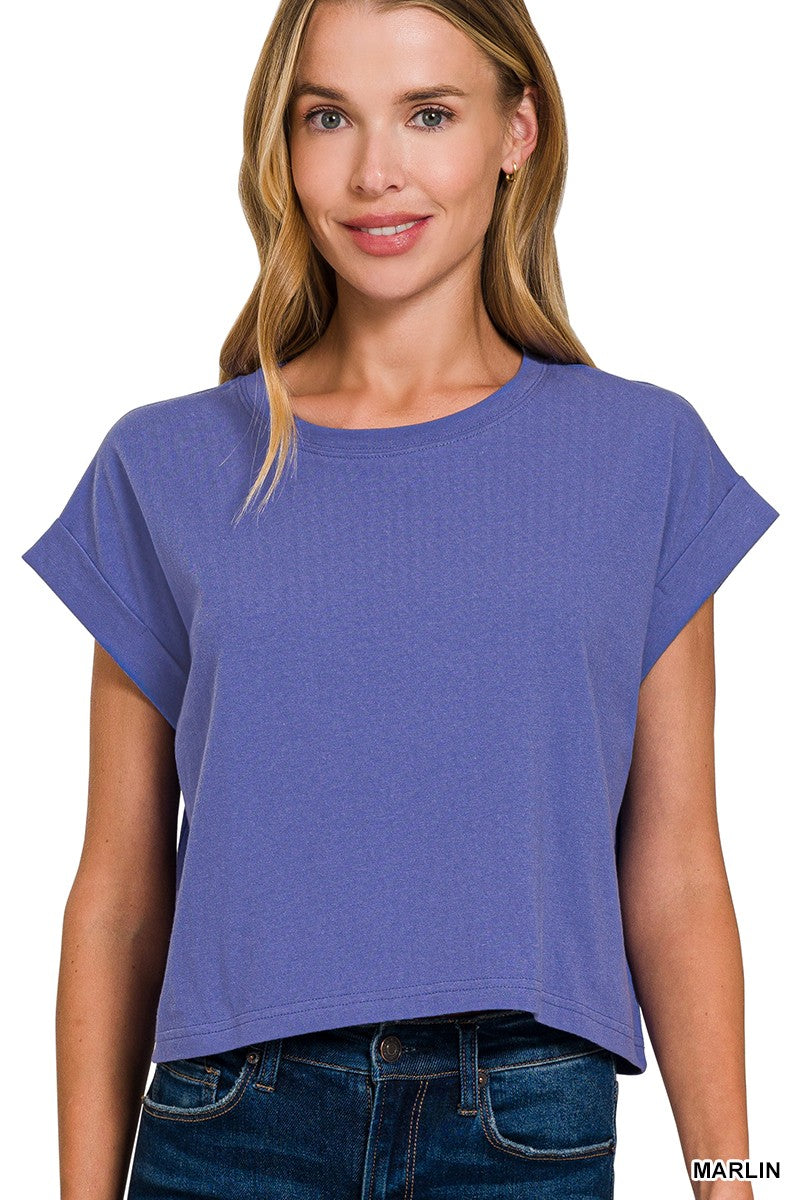 COTTON CROP- FOLDED SLEEVE TOP