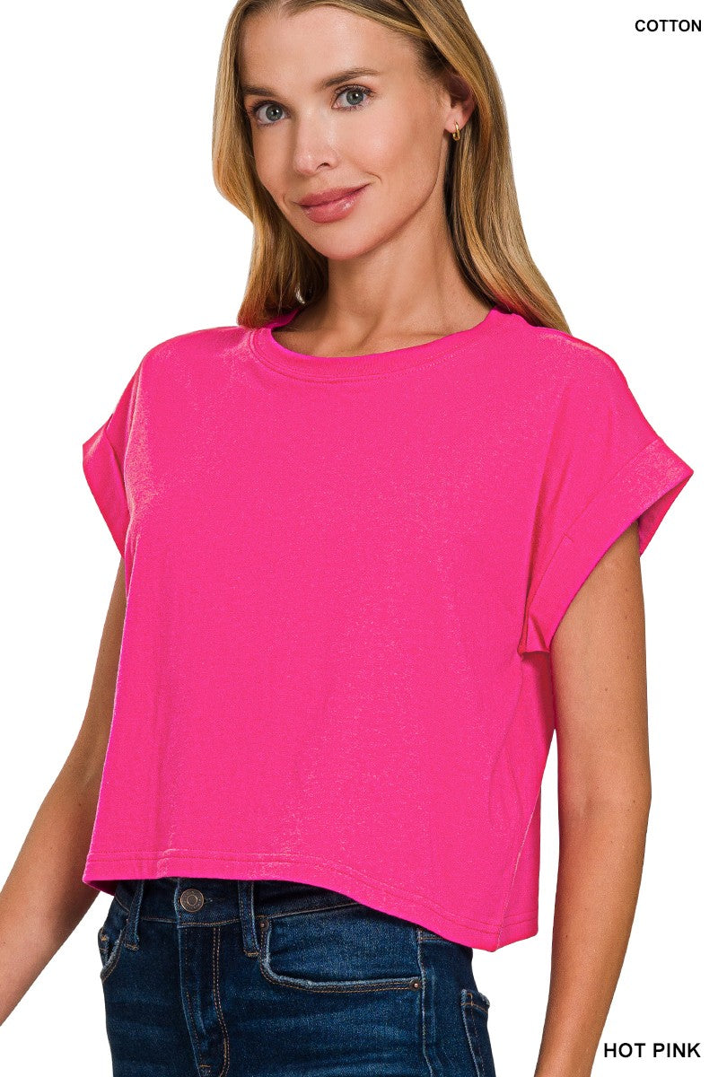 COTTON CROP- FOLDED SLEEVE TOP