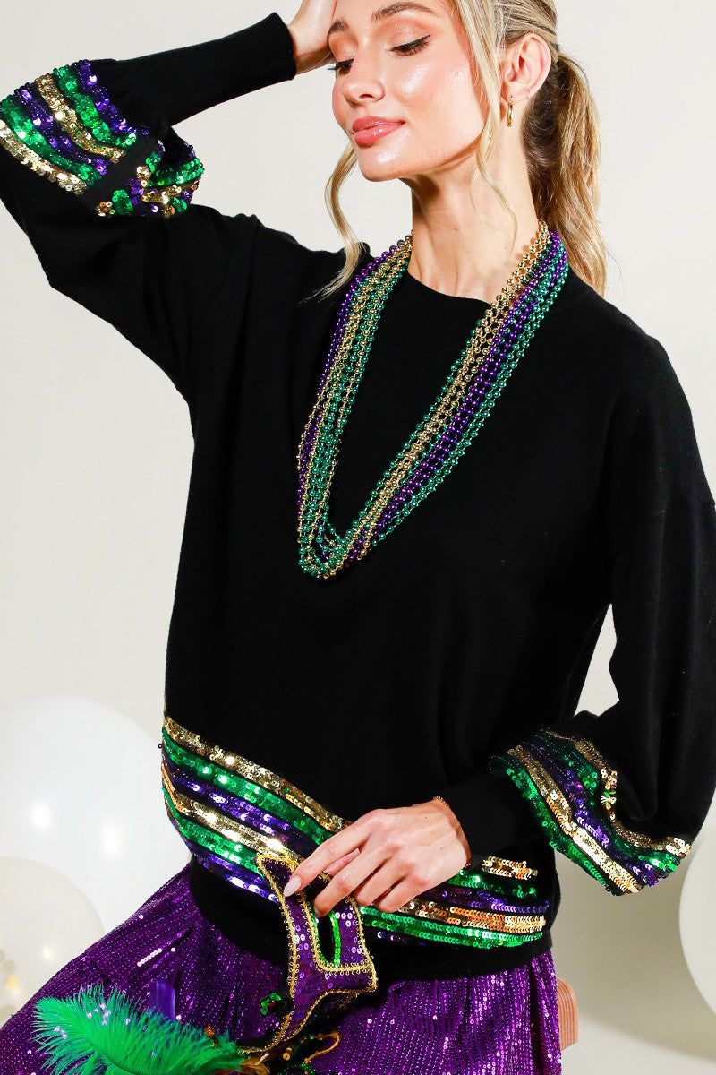 SEQUIN TRIM DETAIL MARDI GRAS SWEATER TOP
