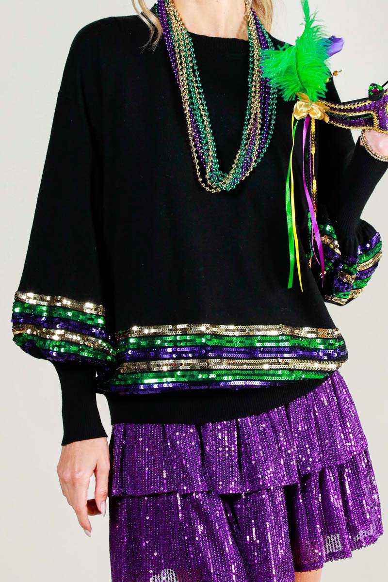 SEQUIN TRIM DETAIL MARDI GRAS SWEATER TOP