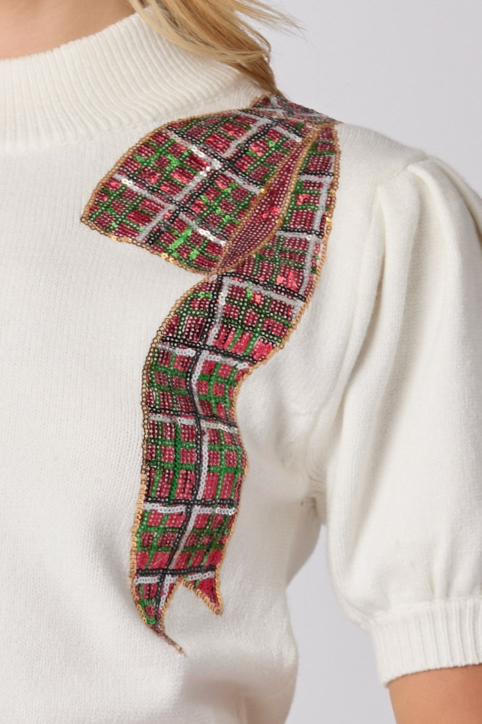 Christmas Plaid Sequins Bow Embroidery Sweater