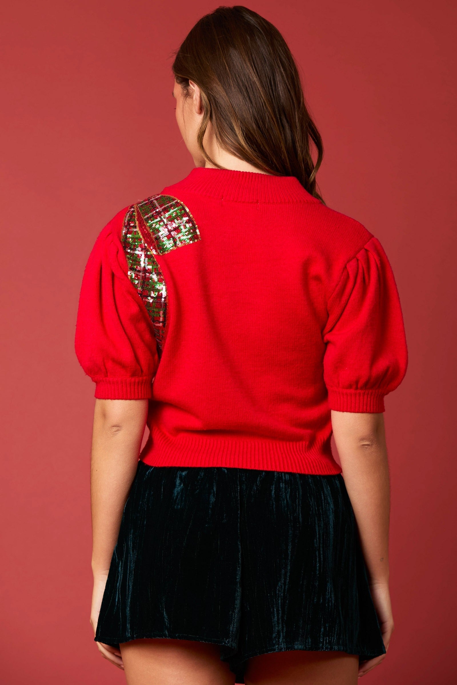 Christmas Plaid Sequins Bow Embroidery Sweater