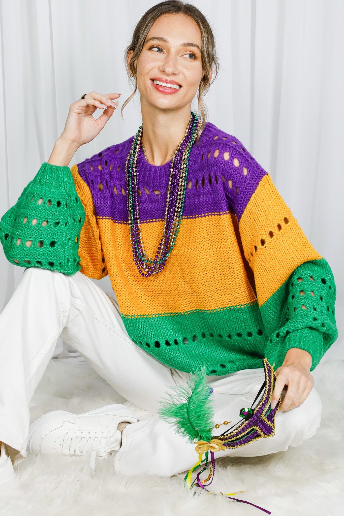 MG-CREW NECK BALLOON SLEEVES OPEN-KNIT COLOR BLOCK SWEATER