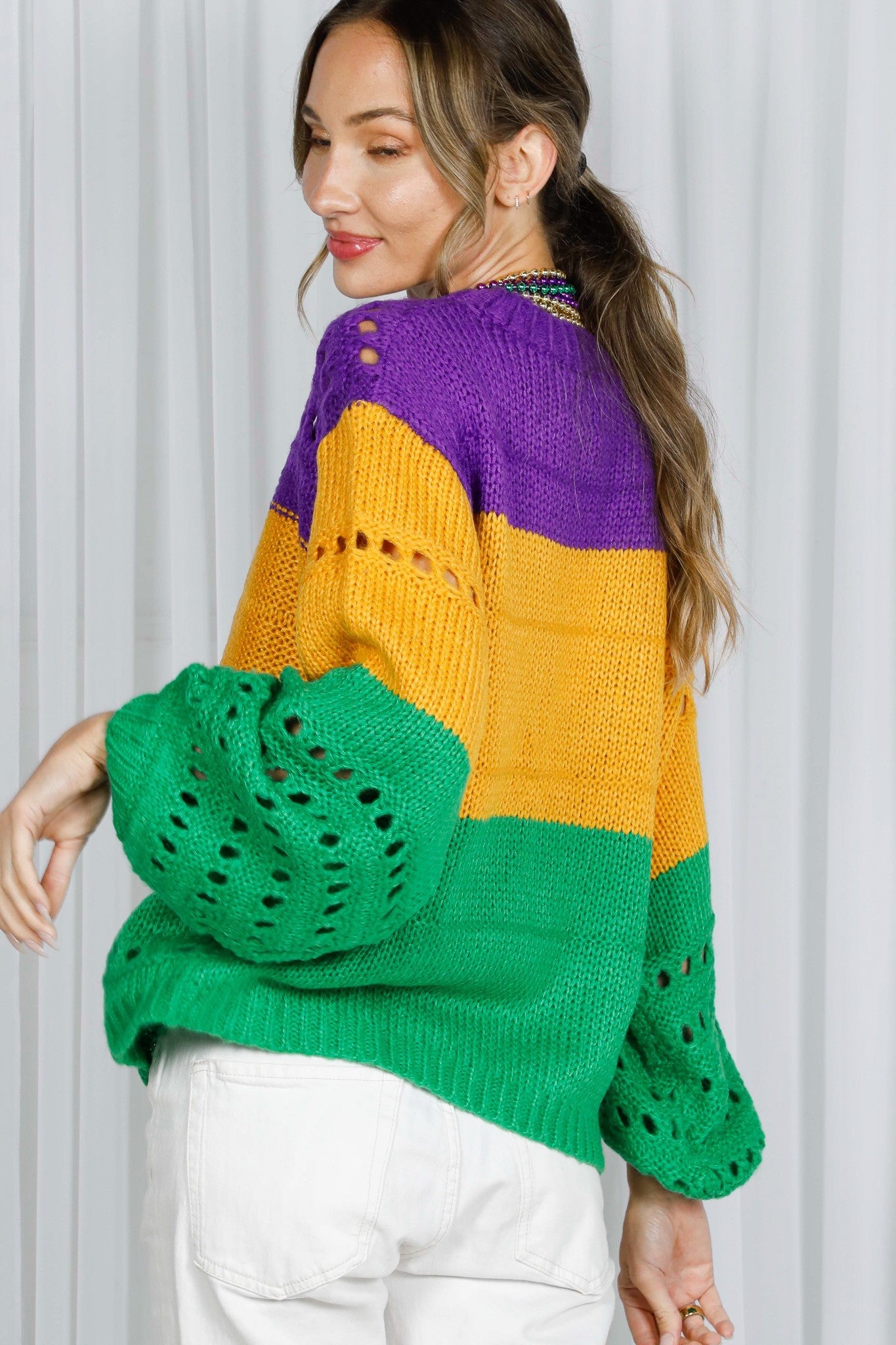 MG-CREW NECK BALLOON SLEEVES OPEN-KNIT COLOR BLOCK SWEATER