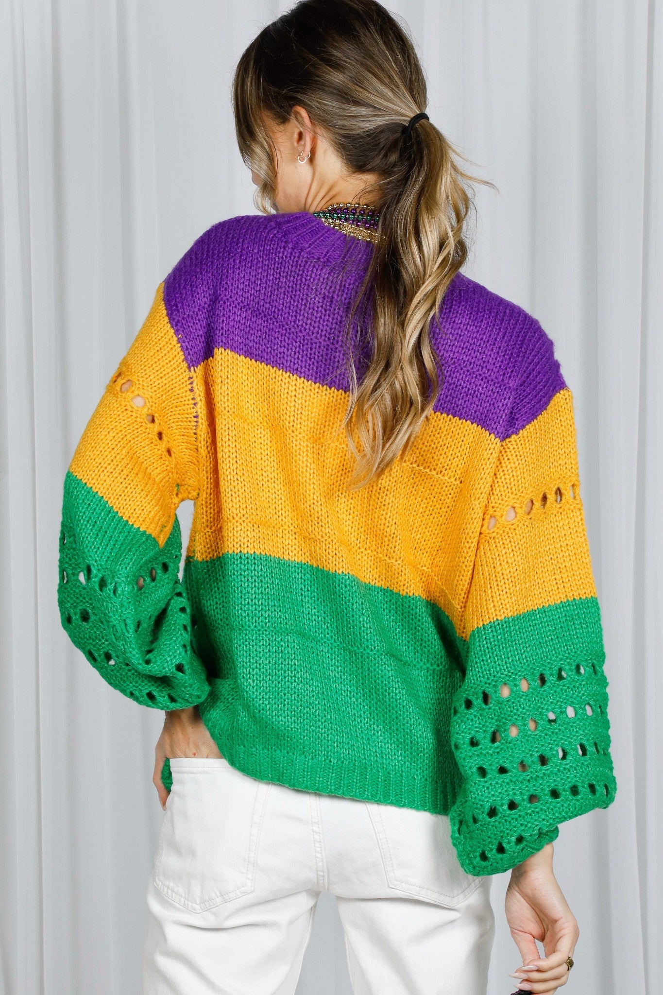 MG-CREW NECK BALLOON SLEEVES OPEN-KNIT COLOR BLOCK SWEATER