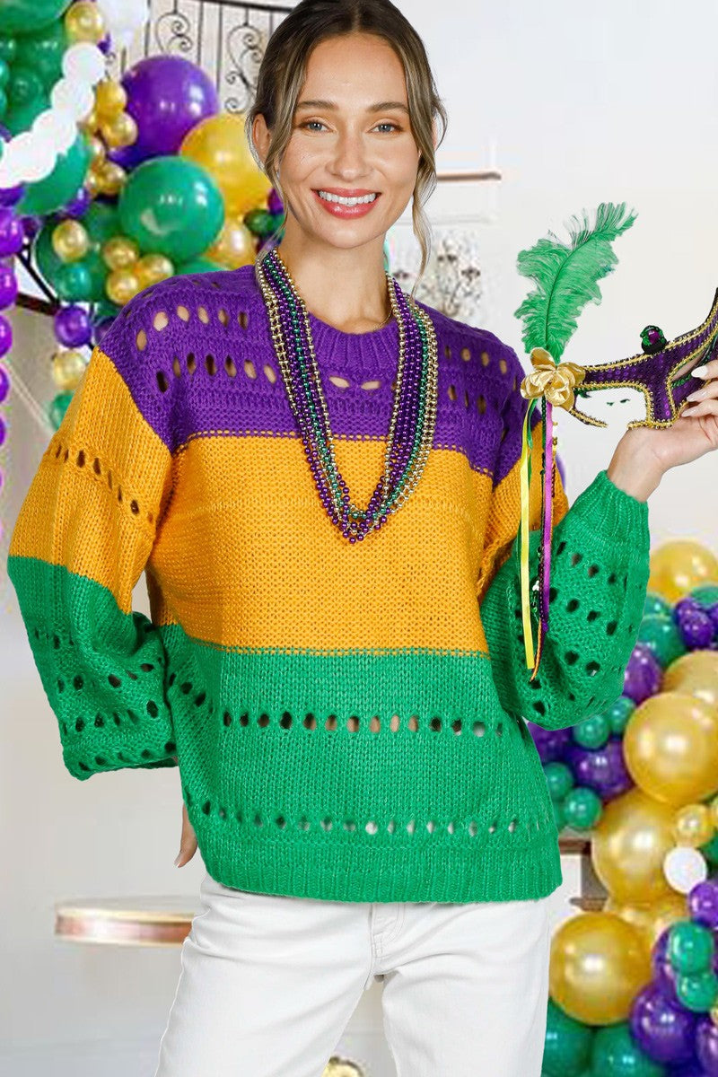 MG-CREW NECK BALLOON SLEEVES OPEN-KNIT COLOR BLOCK SWEATER