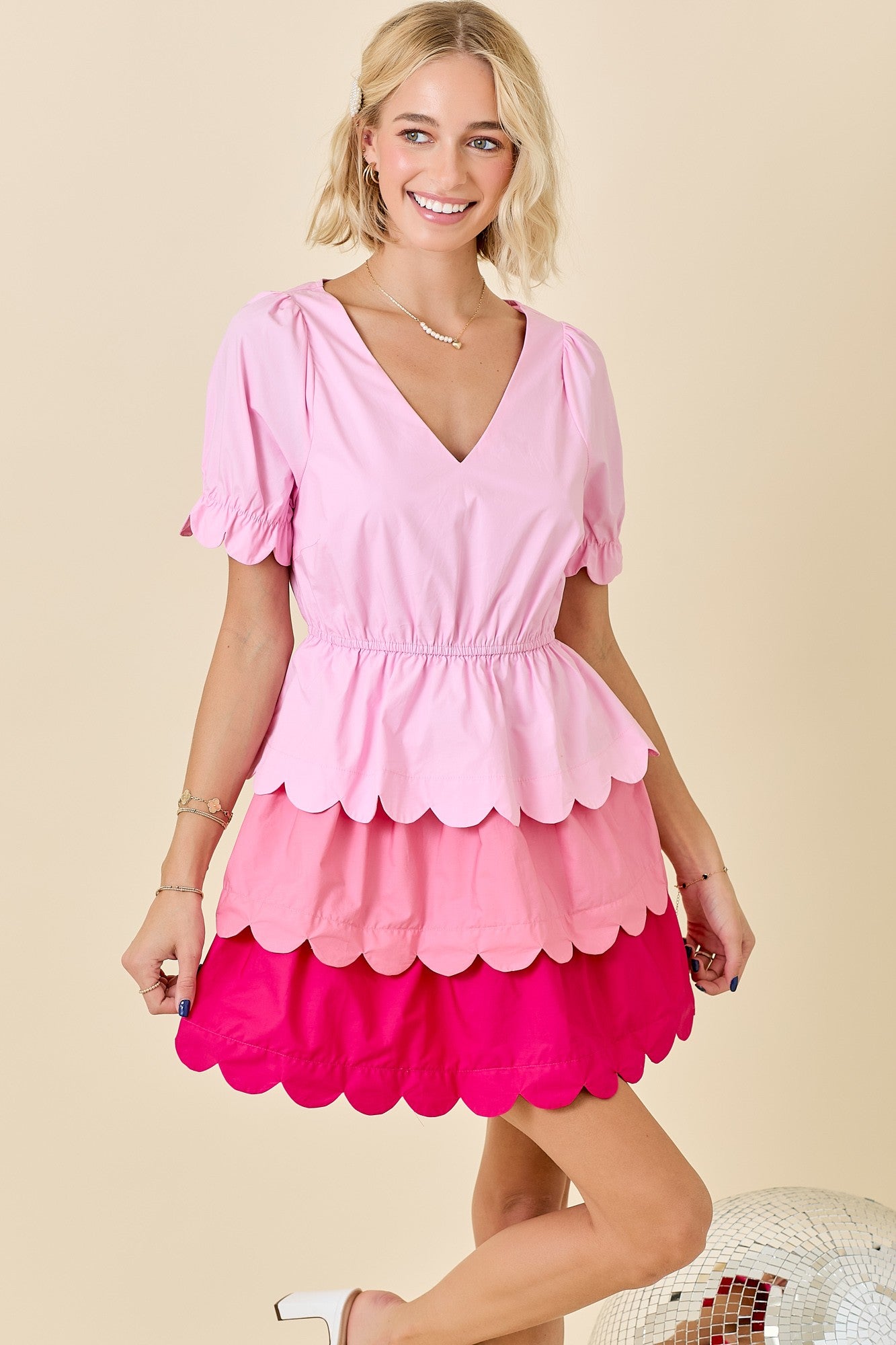 V NECK MULTI TIERED MINI DRESS W/ SCALLOPED EDGES