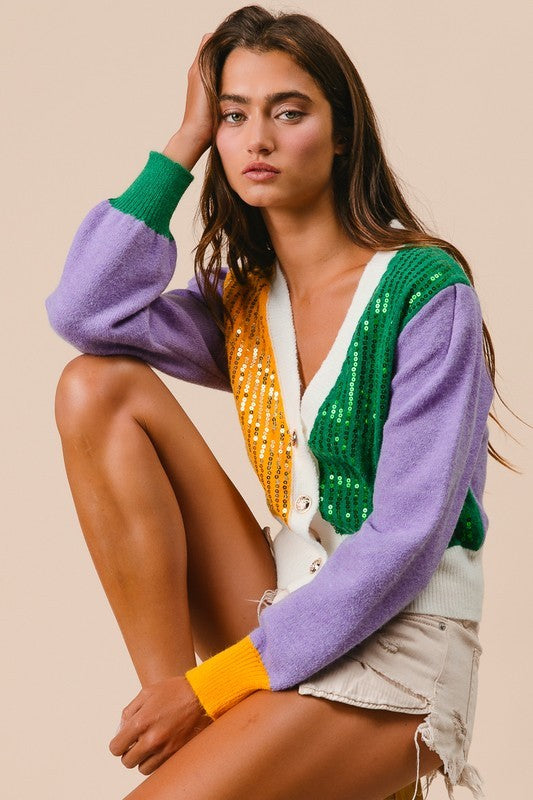 MARDI GRAS COLOR BLOCK SEQUIN SWEATER CARDIGAN