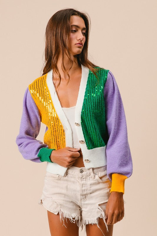 MARDI GRAS COLOR BLOCK SEQUIN SWEATER CARDIGAN