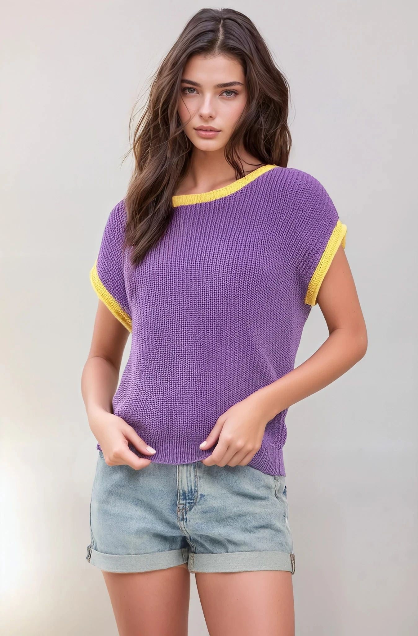 Rolled Contrast Sleeve Game Day Knit Top