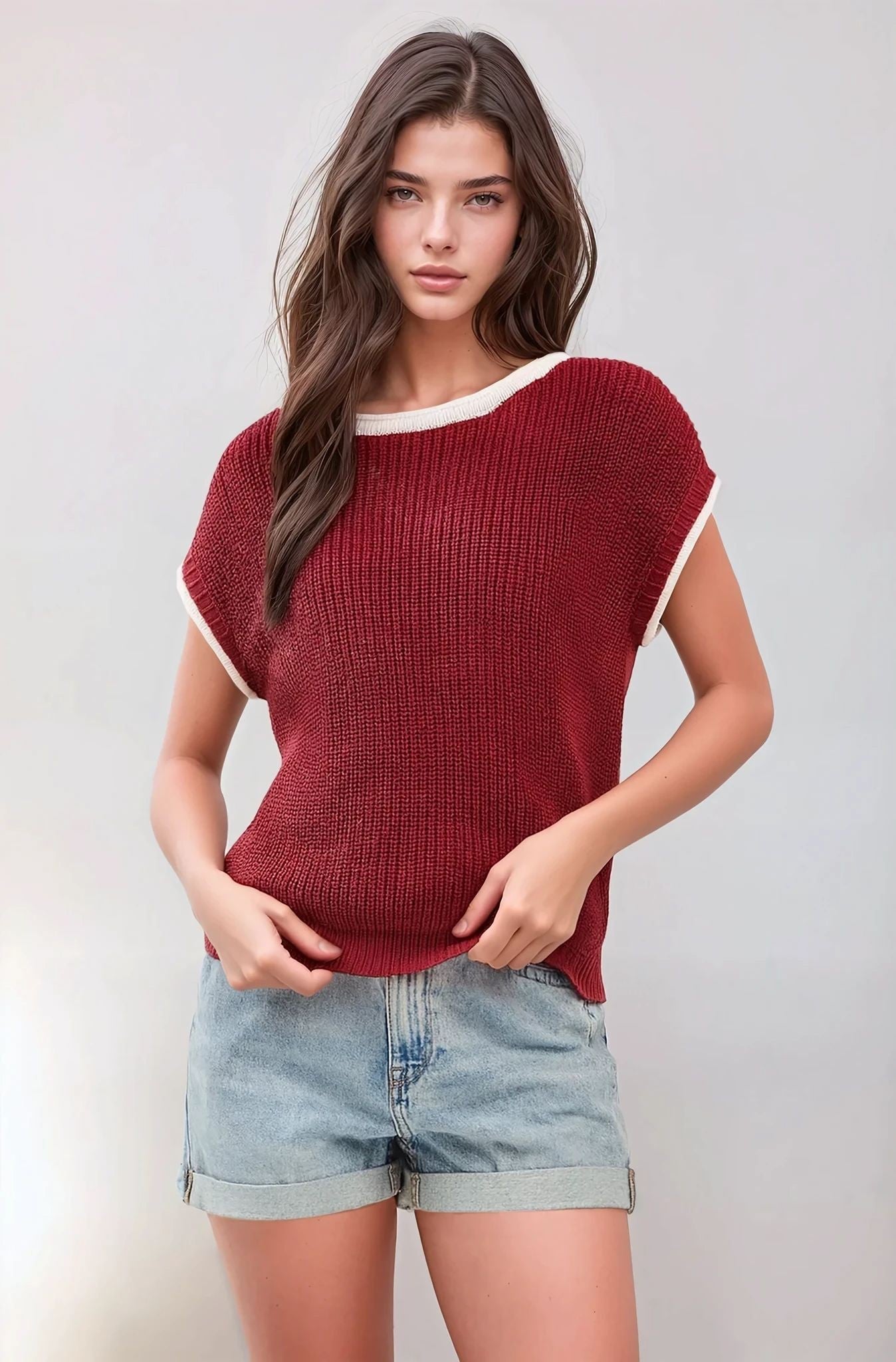 Rolled Contrast Sleeve Game Day Knit Top