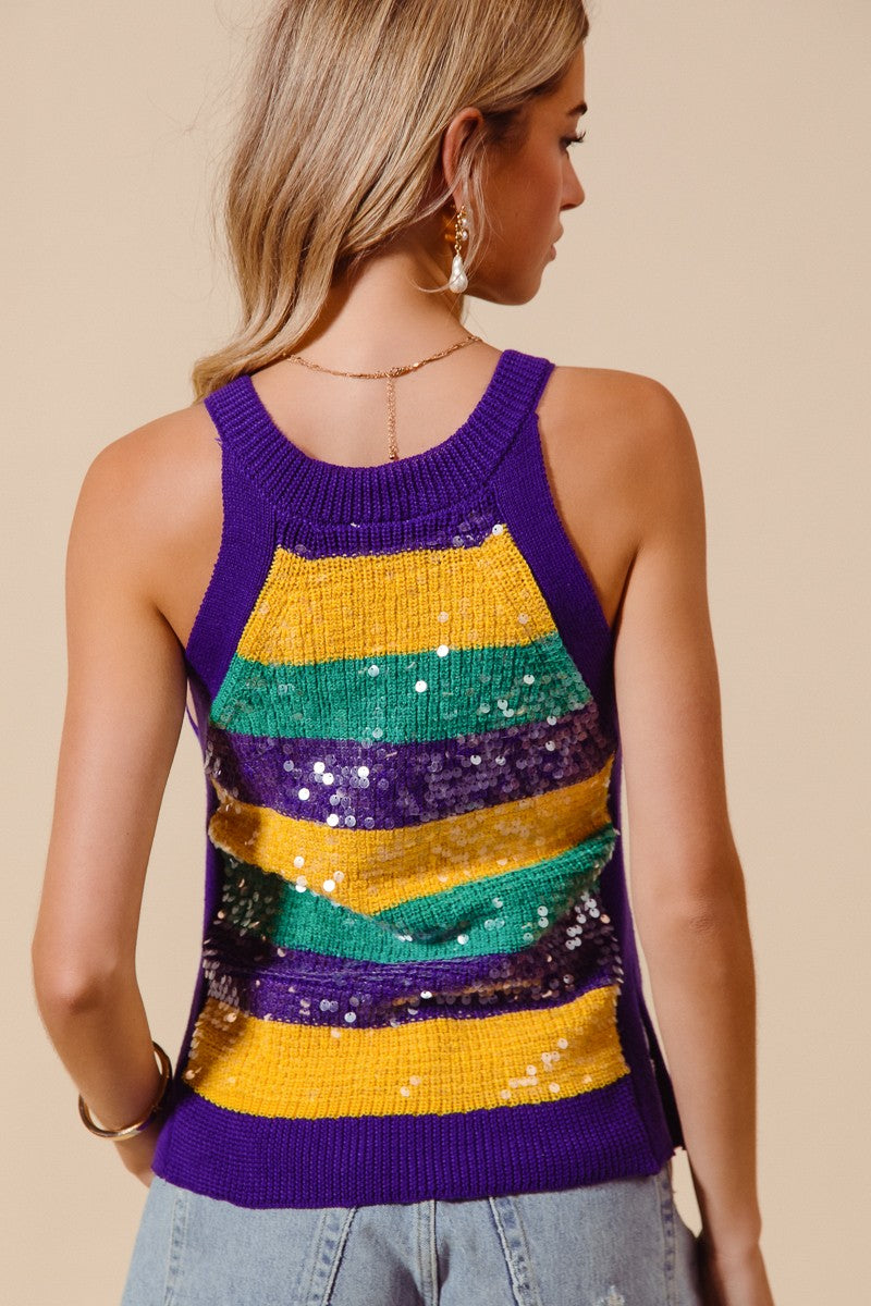 MARDI GRAS COLOR WIDE STRIPE CLEAR SEQUINS TANK TOP