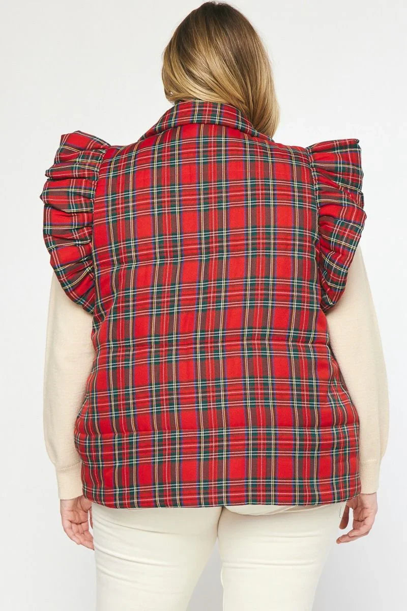 Plaid Perfection Christmas Ruffled Puffer Vest