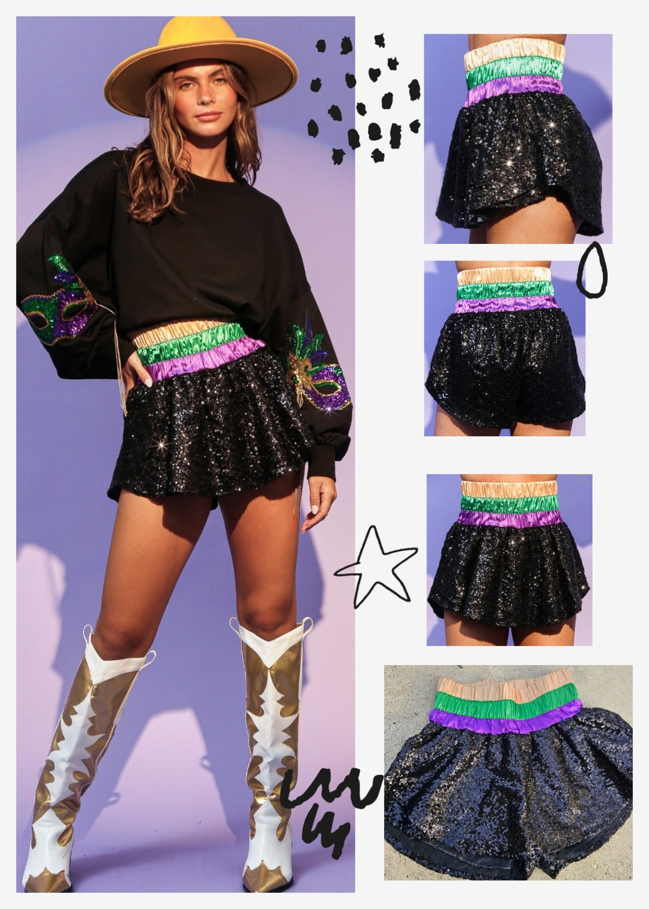 Black Sequin Mardi Gras Band Skort