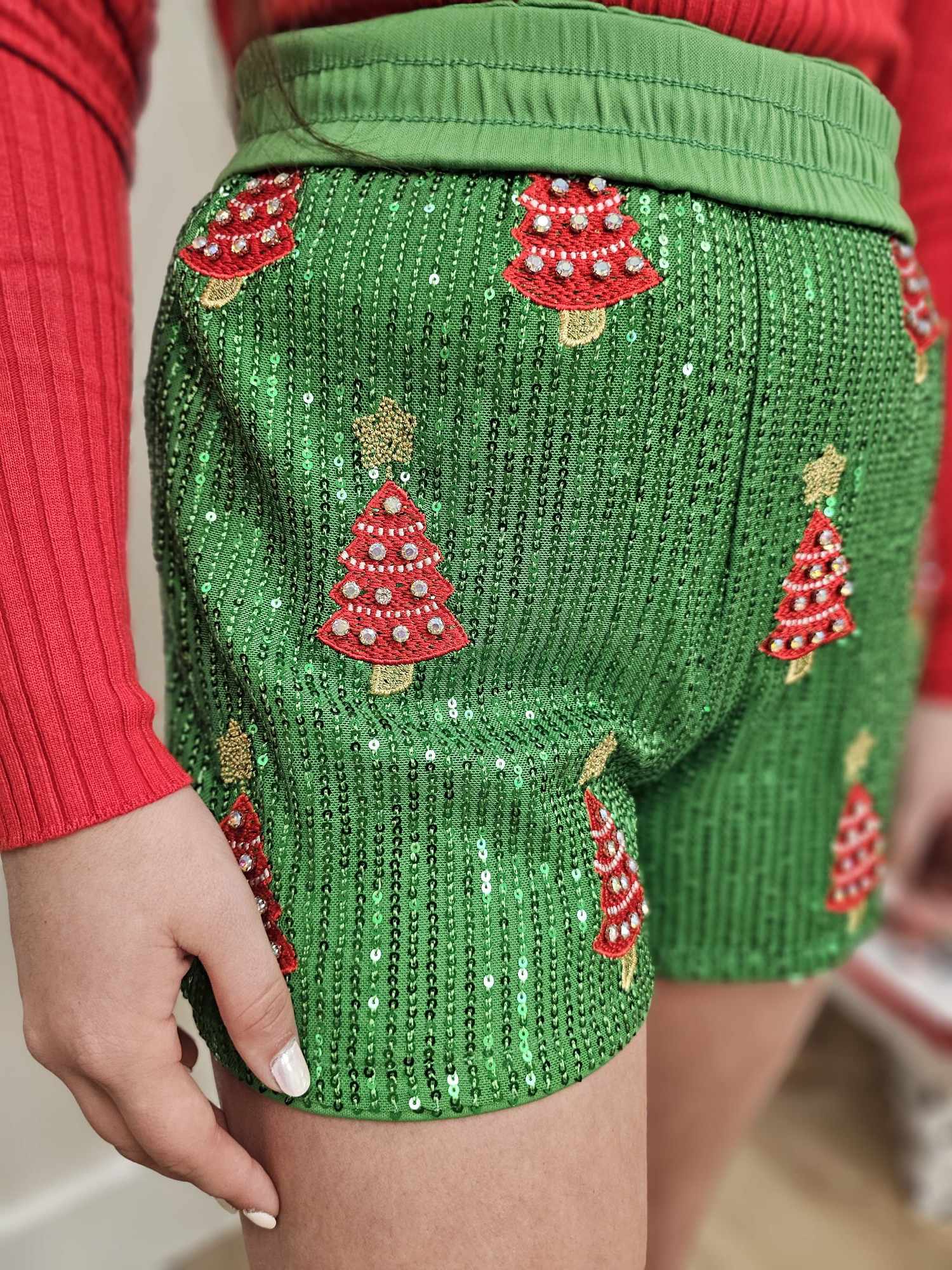 Sequin Christmas Tree Shorts- Green
