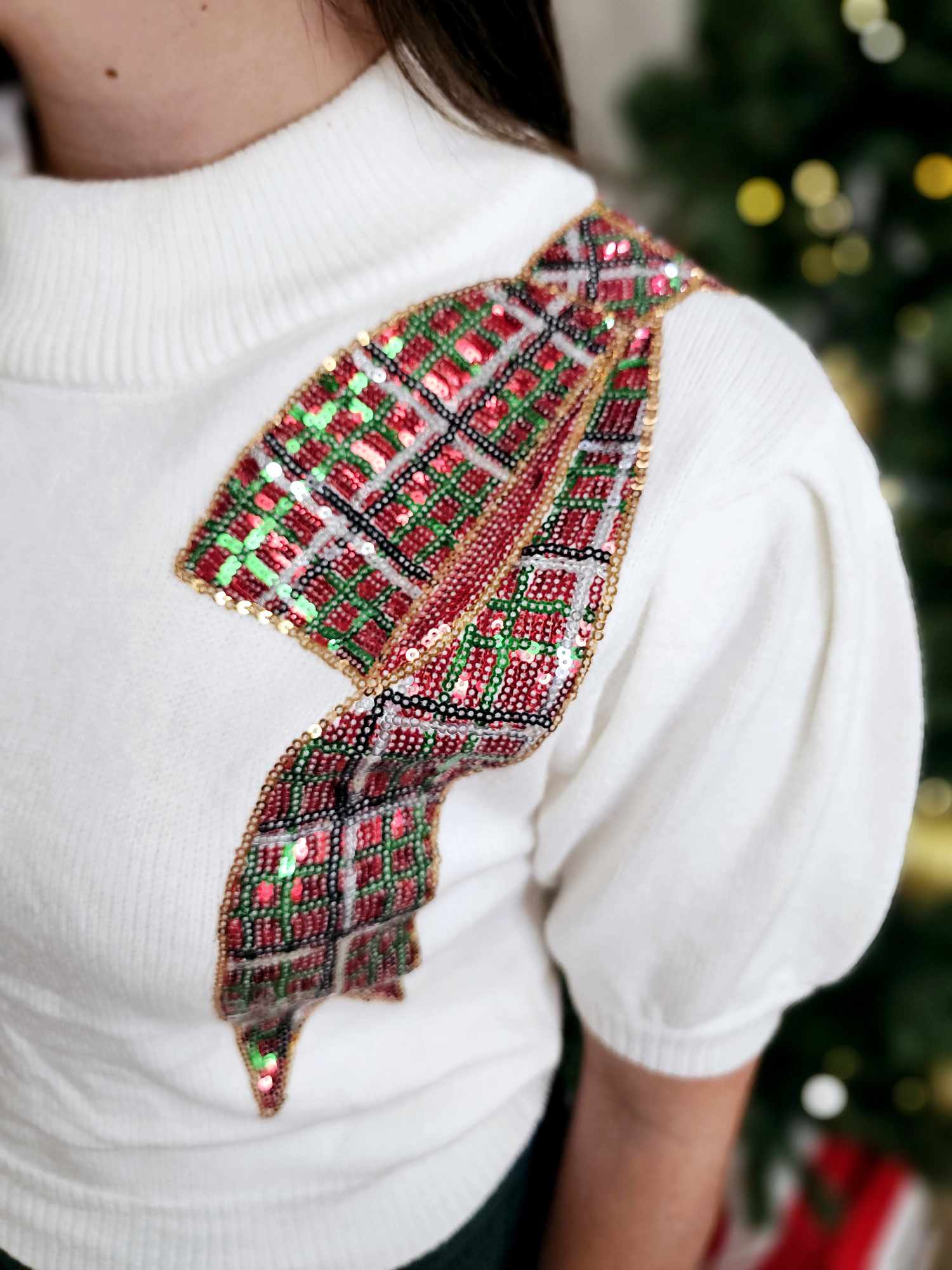 Christmas Plaid Sequins Bow Embroidery Sweater