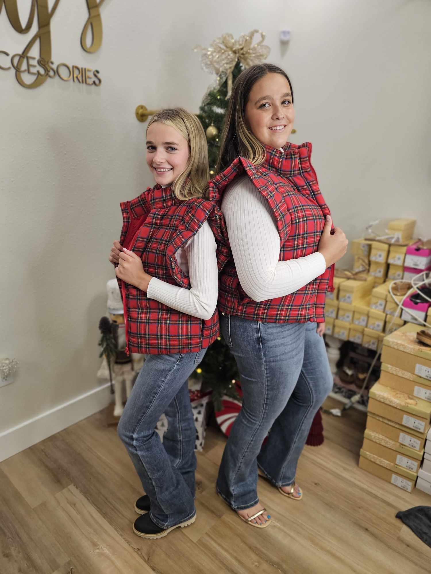 CHRISTMAS PLAID RUFFLED PUFFER VEST