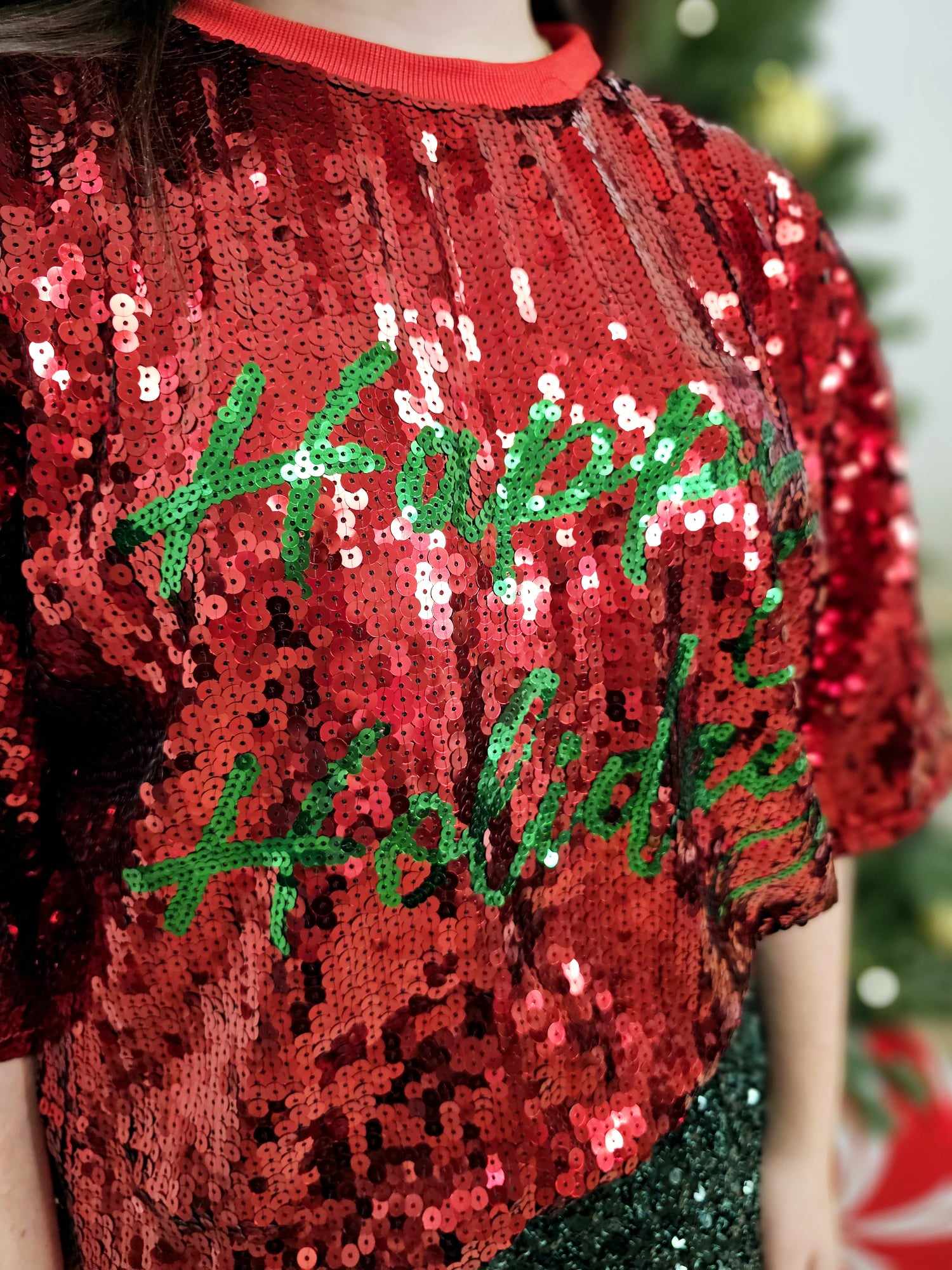 HAPPY HOLIDAYS Sequin Print Crop Top