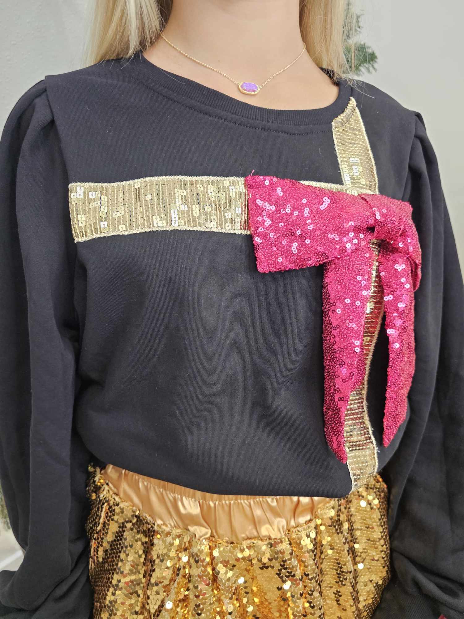 Wrapped with a bow- Sequin RIbbon Top with 3D Sequin Bow