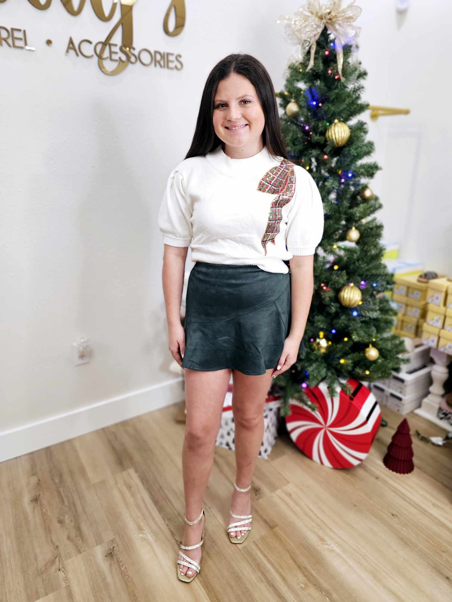 Christmas Plaid Sequins Bow Embroidery Sweater