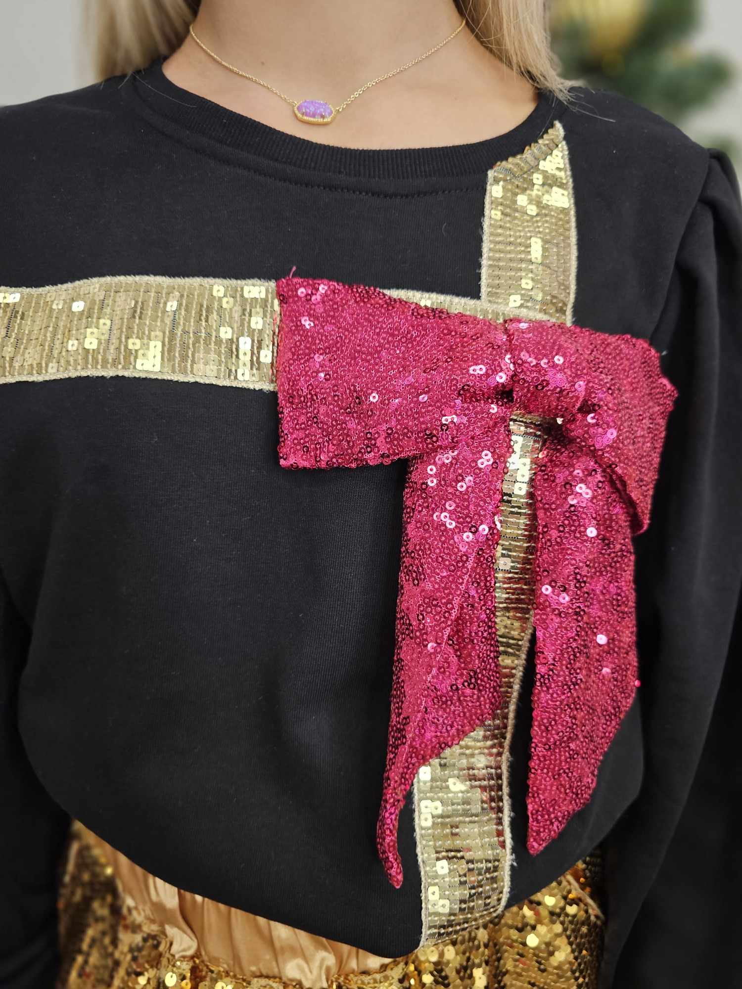 Wrapped with a bow- Sequin RIbbon Top with 3D Sequin Bow