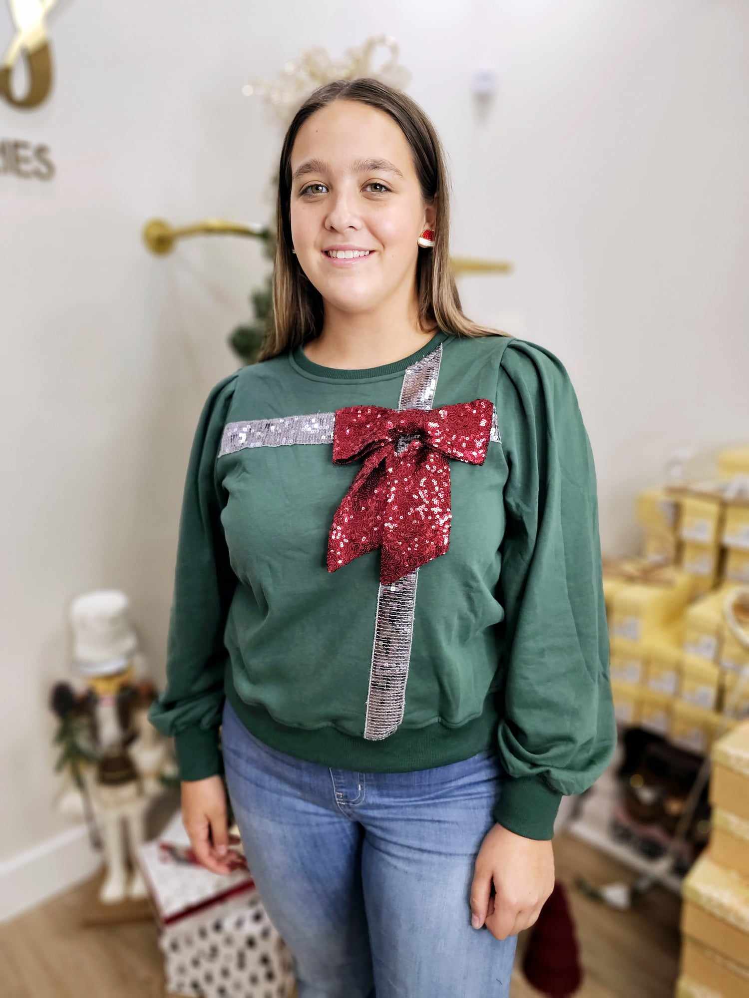 Wrapped with a bow- Sequin RIbbon Top with 3D Sequin Bow