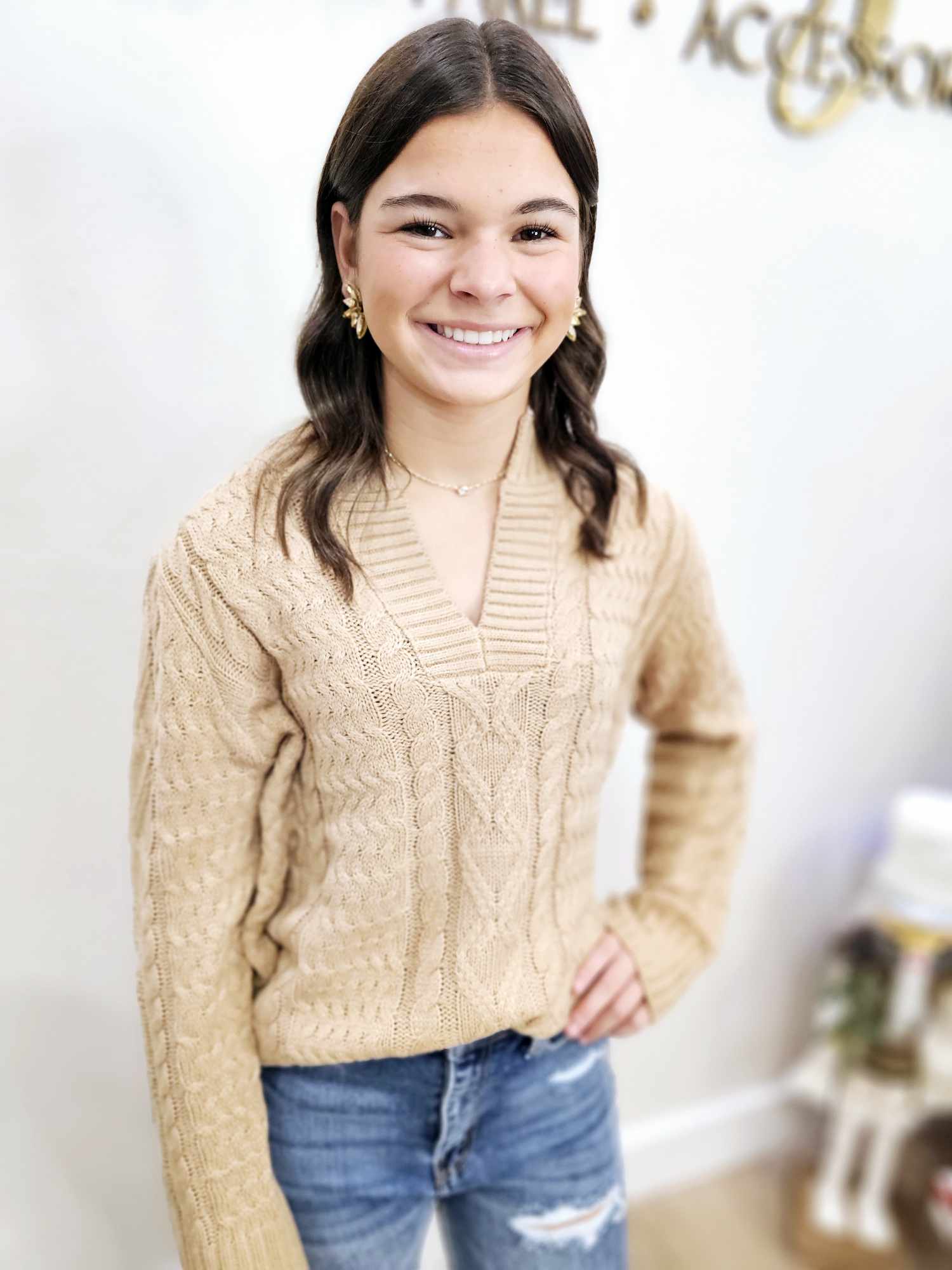 V-Neck Cable Knit Sweater