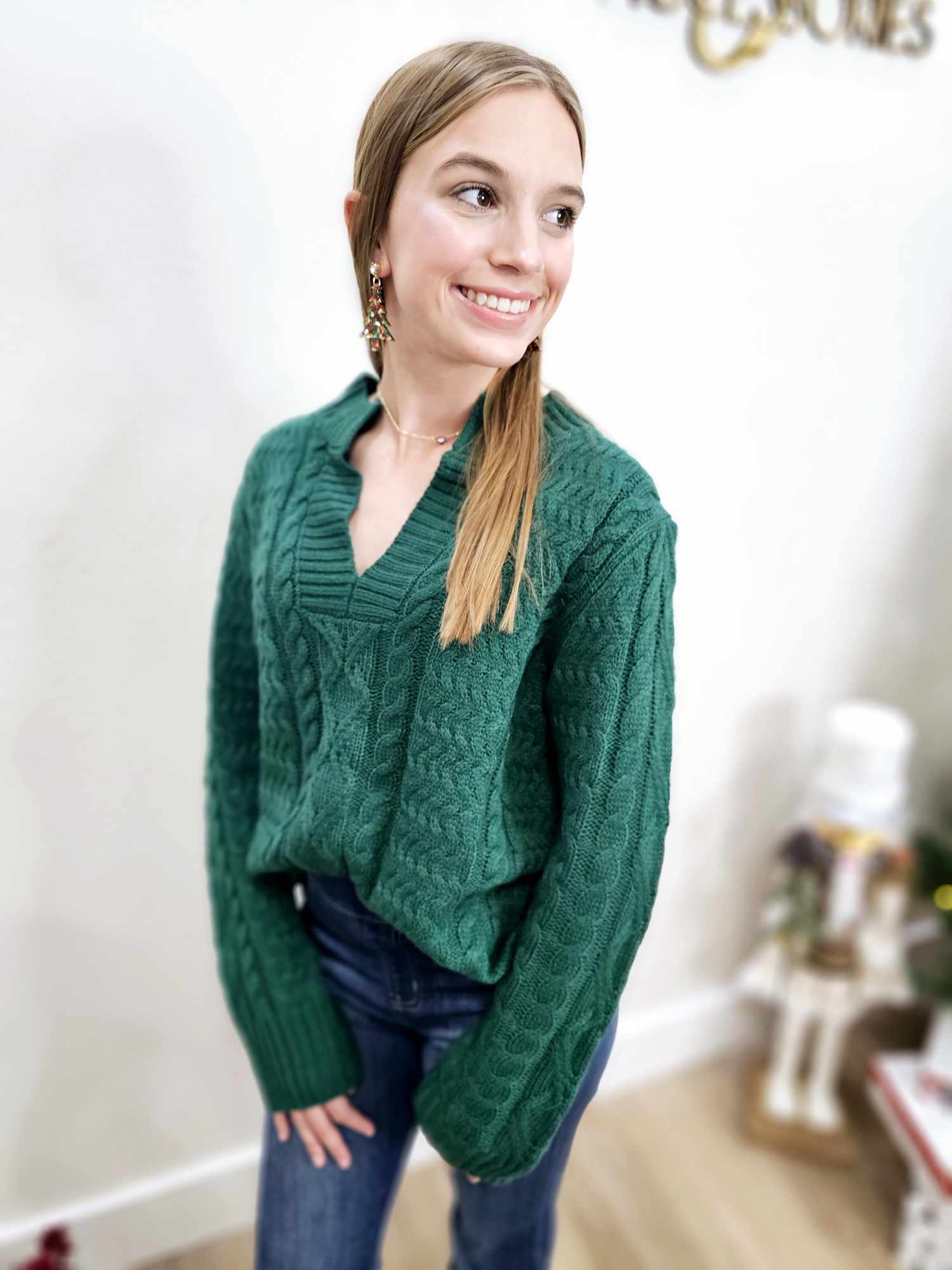 V-Neck Cable Knit Sweater