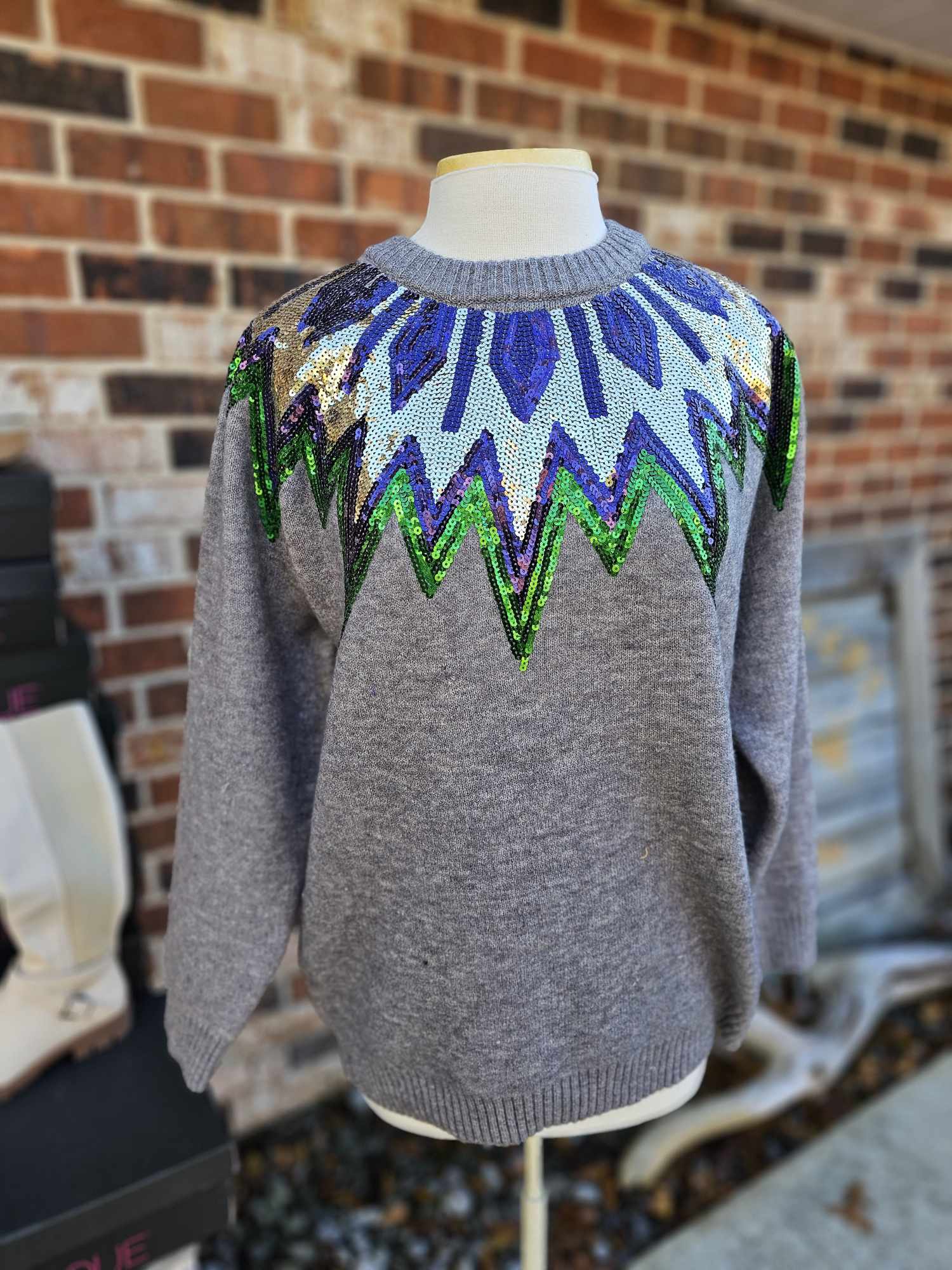 Mardi Gras Sequin Detail Sweater Top- Long Sleeve