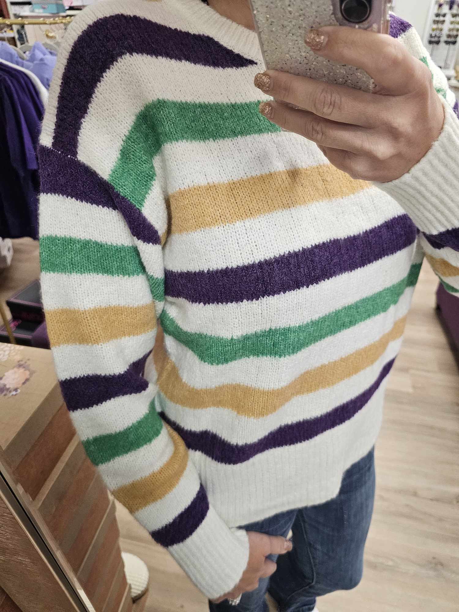 MARDI GRAS COLOR STRIPE ROUND NECK SWEATER TOP