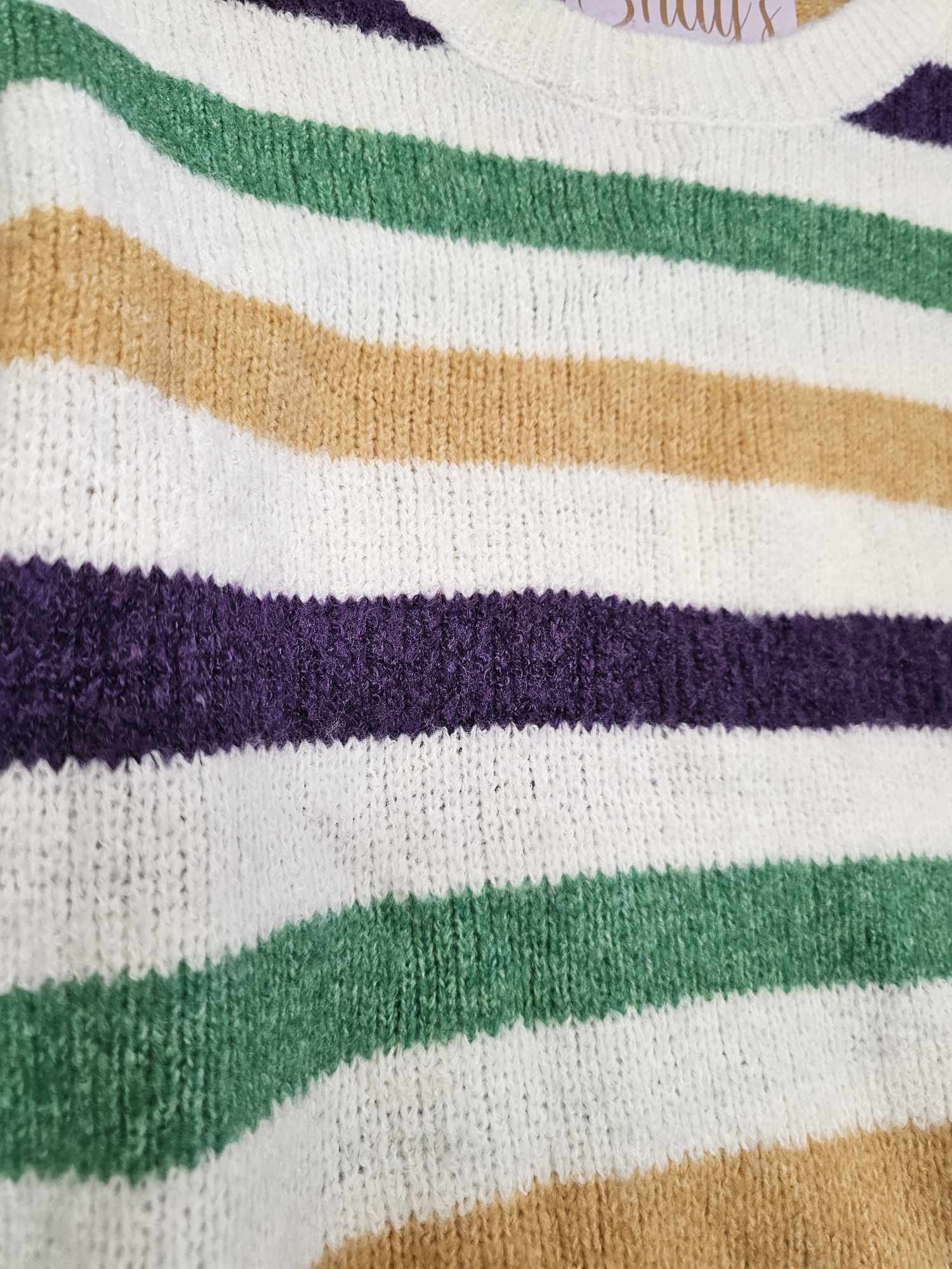 MARDI GRAS COLOR STRIPE ROUND NECK SWEATER TOP
